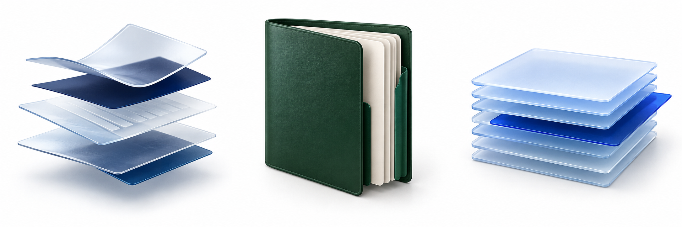 Conceptual artwork showing open document layers, a bounded folio and an offset layer